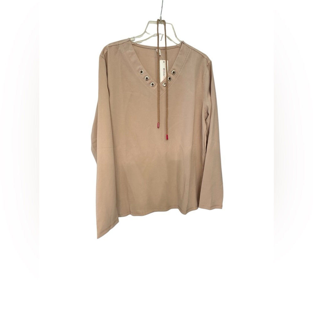 Elegant Tan Grommet V-Neck Blouse